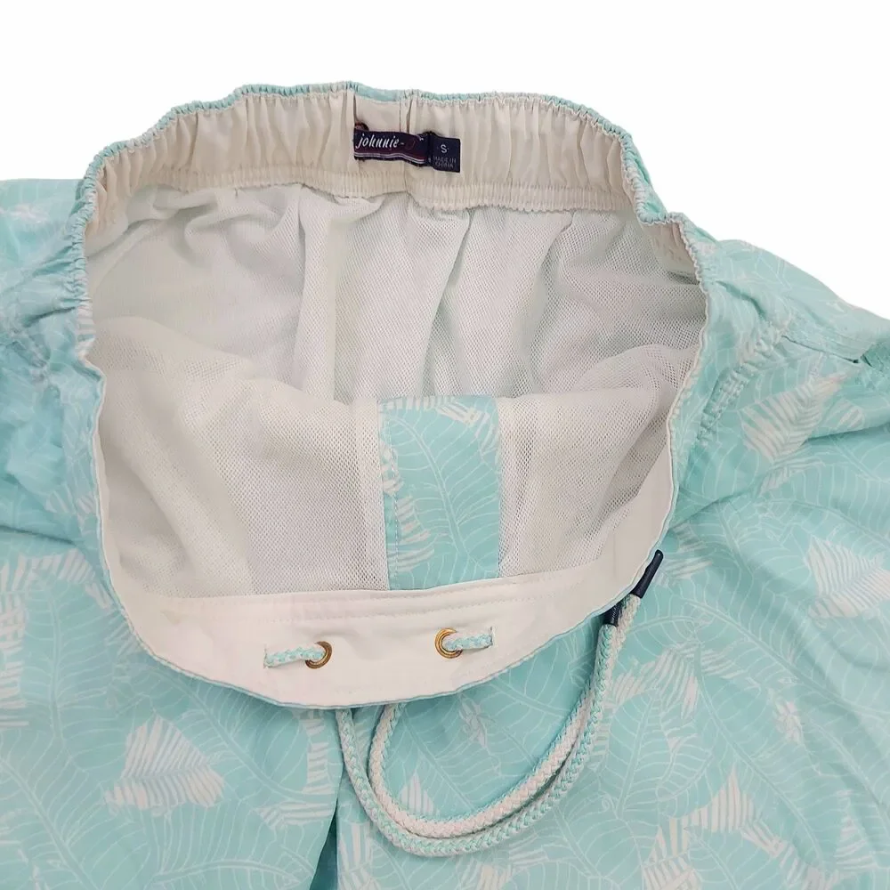 Johnnie-O Swim Shorts Mens Small Aqua Palm Leaf Mesh Lined Swim Trunks Beach